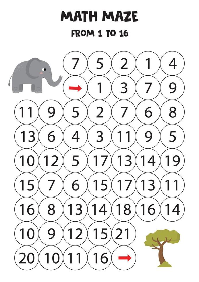 Math maze with cute cartoon elephant and safari tree. vector