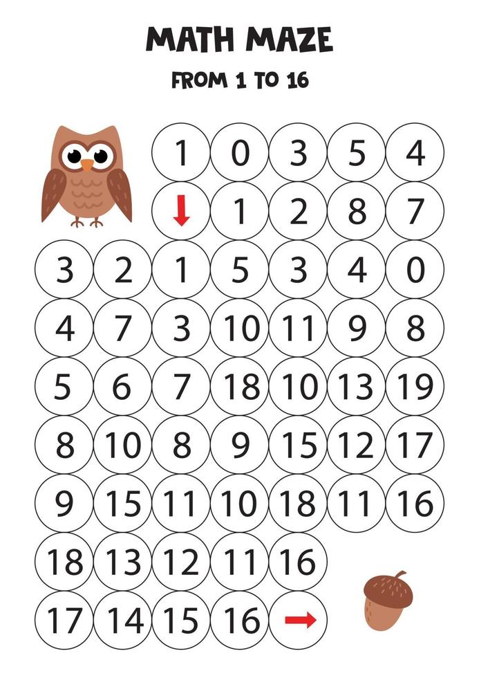 Math maze with cute cartoon owl and acorn. vector