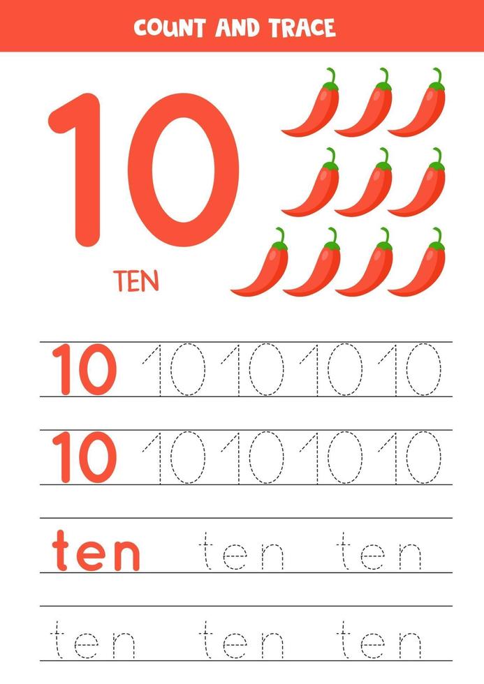 Tracing the word ten and the number 10. Cartoon chili peppers vector illustrations.