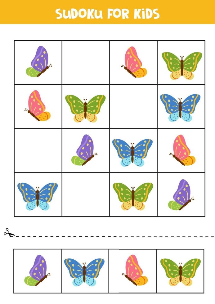 sudoku para niños. lindas mariposas coloridas voladoras. vector