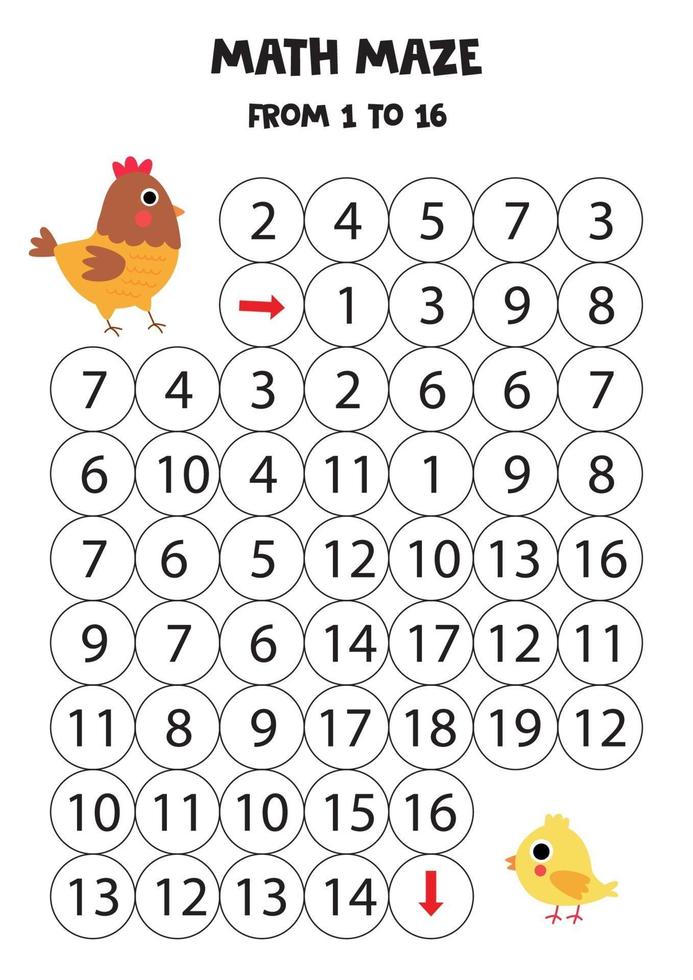 juego de matemáticas para niños. Conseguir gallina al pollo. vector