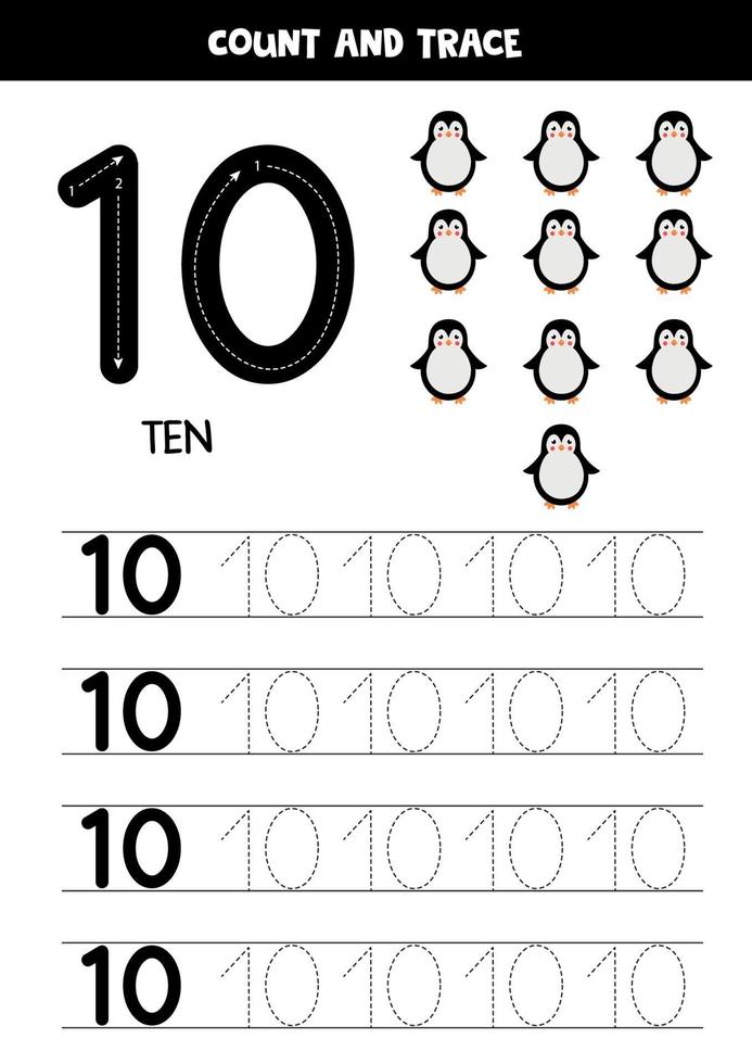 Worksheet for kids. Seven cute cartoon penguins. Tracing number 10. vector