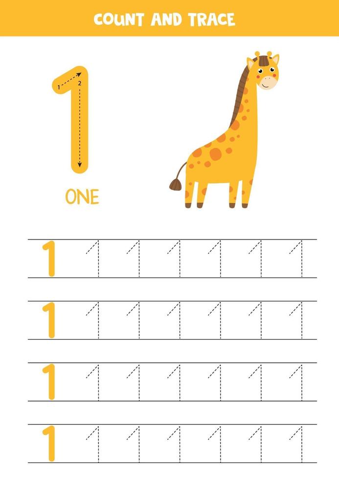 Worksheet for learning numbers with cute giraffe. Number 1. vector