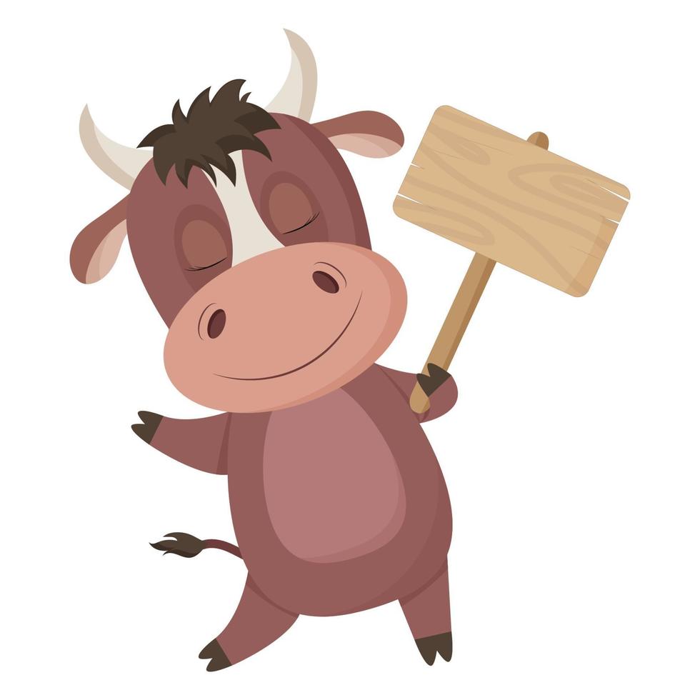 Cute bull in cartoon style with a sign for placing text. Vector illustration isolated on a white background.