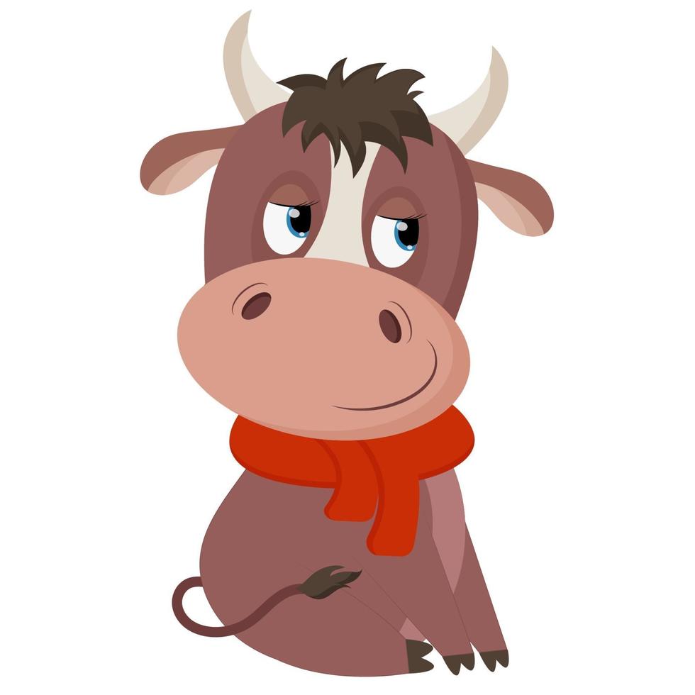 Cute cartoon bull with fur scarf. Vector illustration isolated on a white background