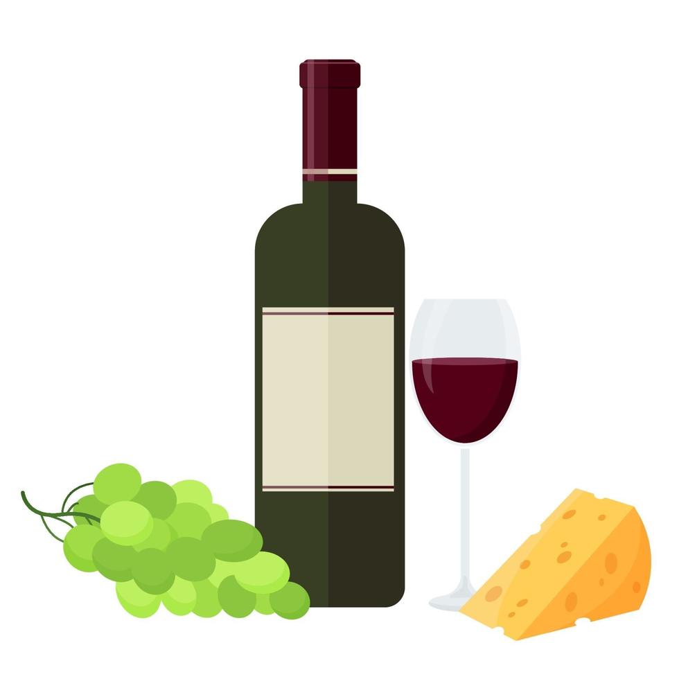 A bottle of red wine, a glass, grapes and cheese. Vector illustration isolated on a white background.