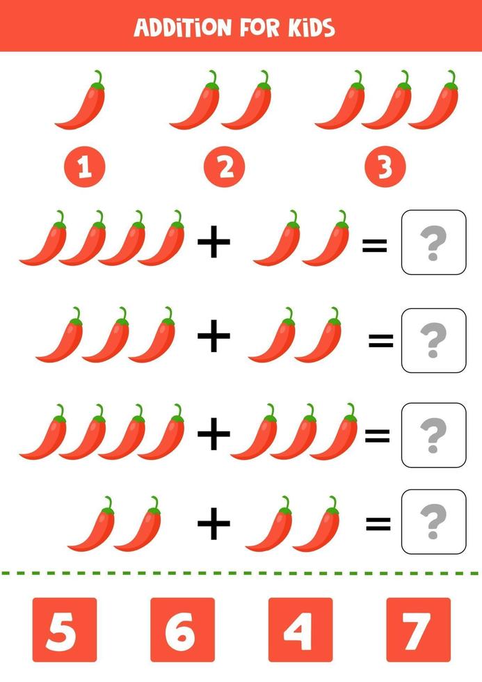 Addition for kids with red chili peppers. Math equations. vector