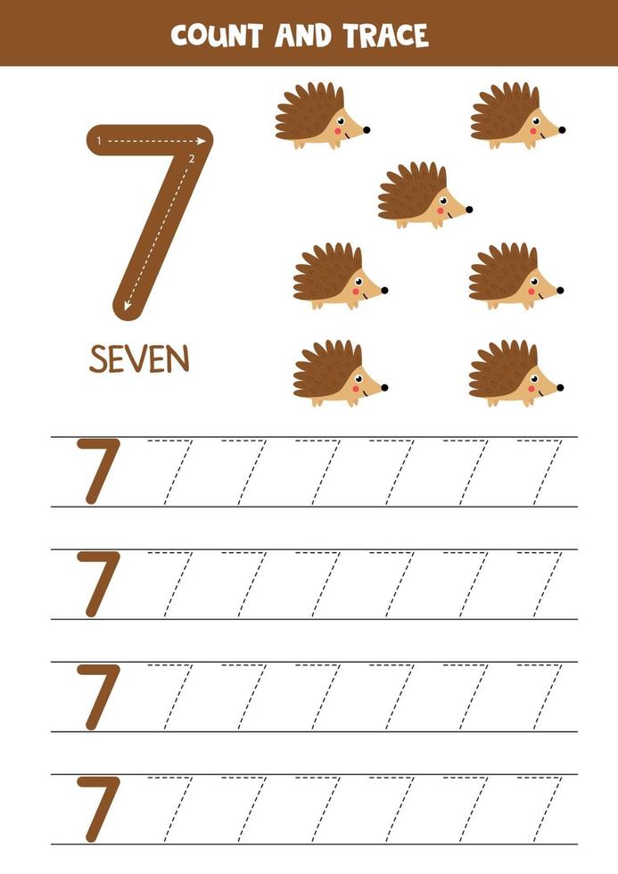 Worksheet for kids. Seven cute cartoon hedgehogs. Tracing number 7. vector