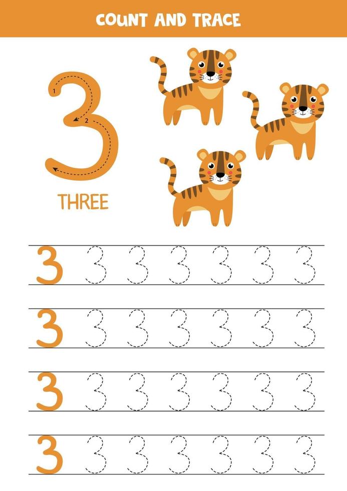 Worksheet for learning numbers with cute elephants. Number three. vector