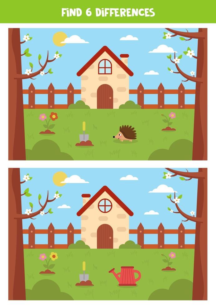 Find 6 differences between spring landscapes. Cute garden. vector