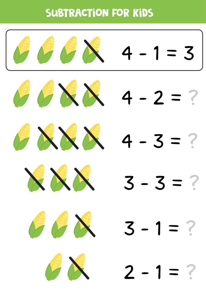 Subtracting corncobs. Educational math game for kids. vector