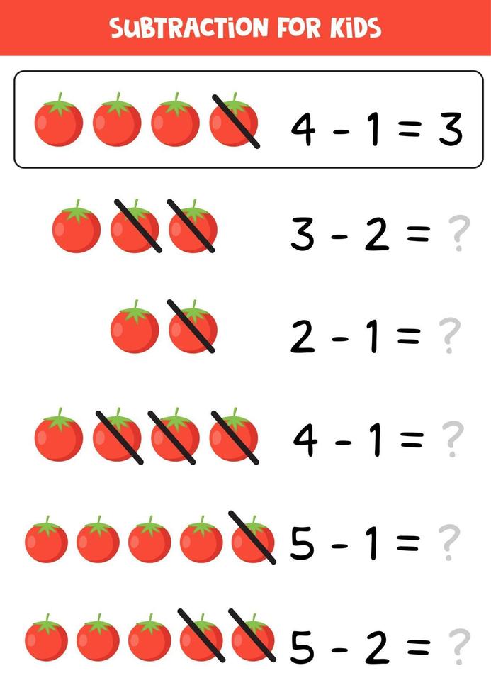 Subtraction for kids with cute cartoon red tomato. vector