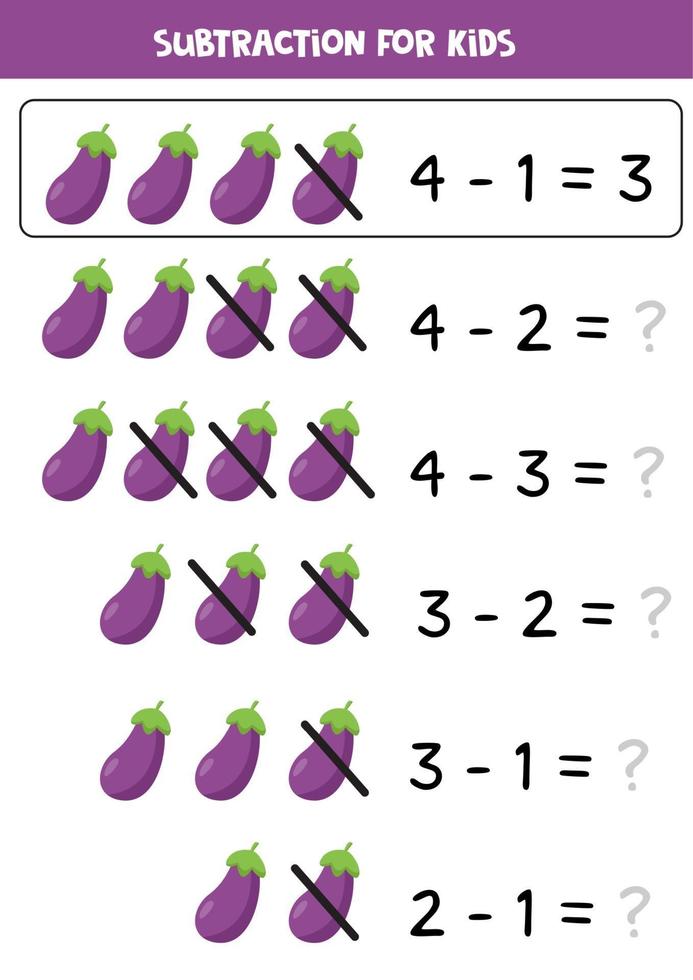 Subtraction game with cartoon eggplants. Educational worksheet. vector