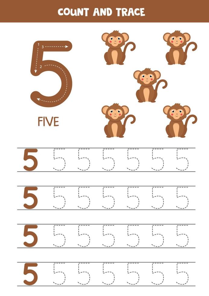Worksheet for learning numbers with cute elephants. Number 5. vector