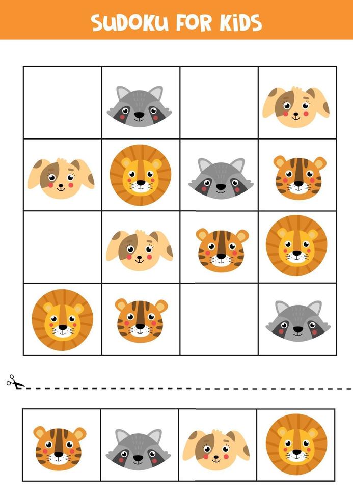 Sudoku game for children. Cute faces of animals. vector