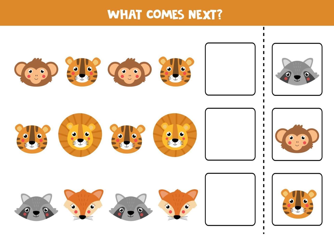 Guess which animal comes next. Cute set of animals faces. vector