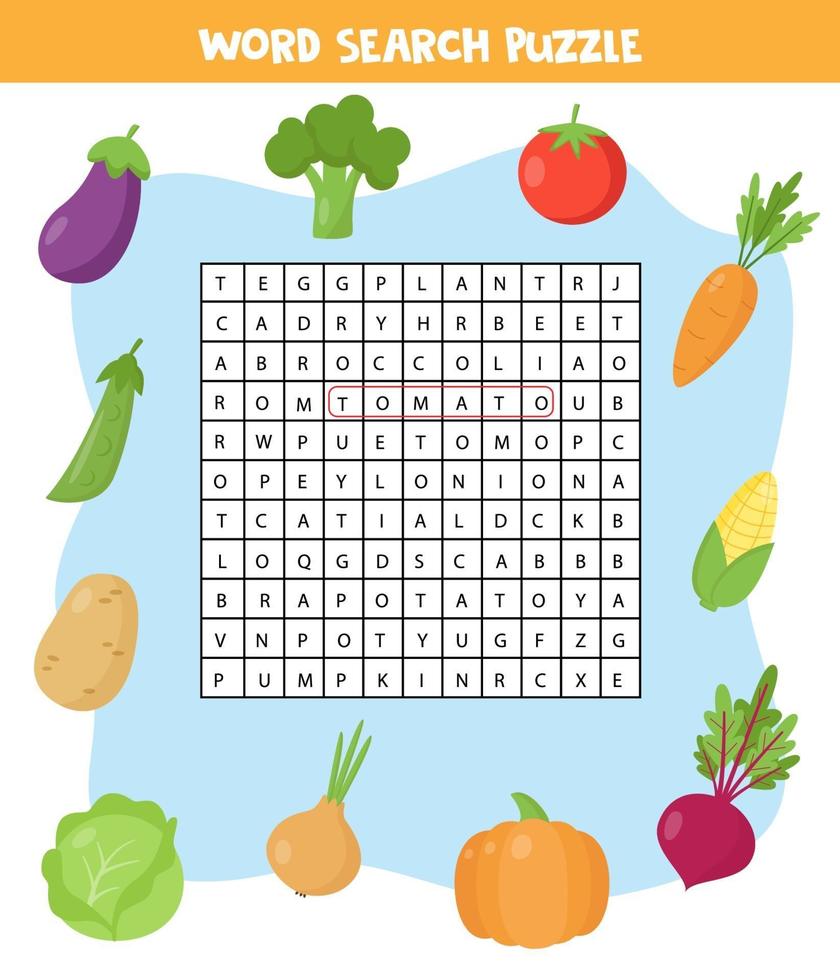 Words search puzzle for children. Set of colorful vegetables. vector