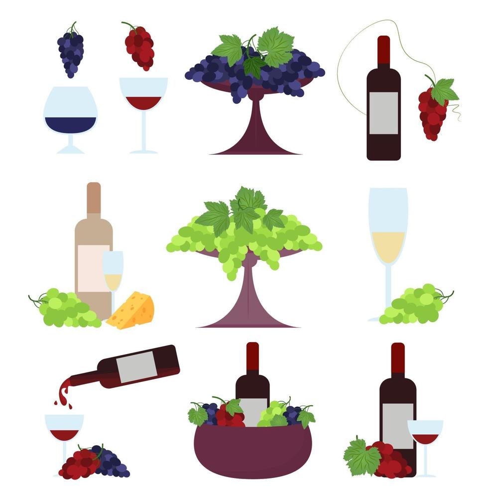 A set of wine bottles and glasses combined with grapes and cheese. Vector set isolated on a white background.