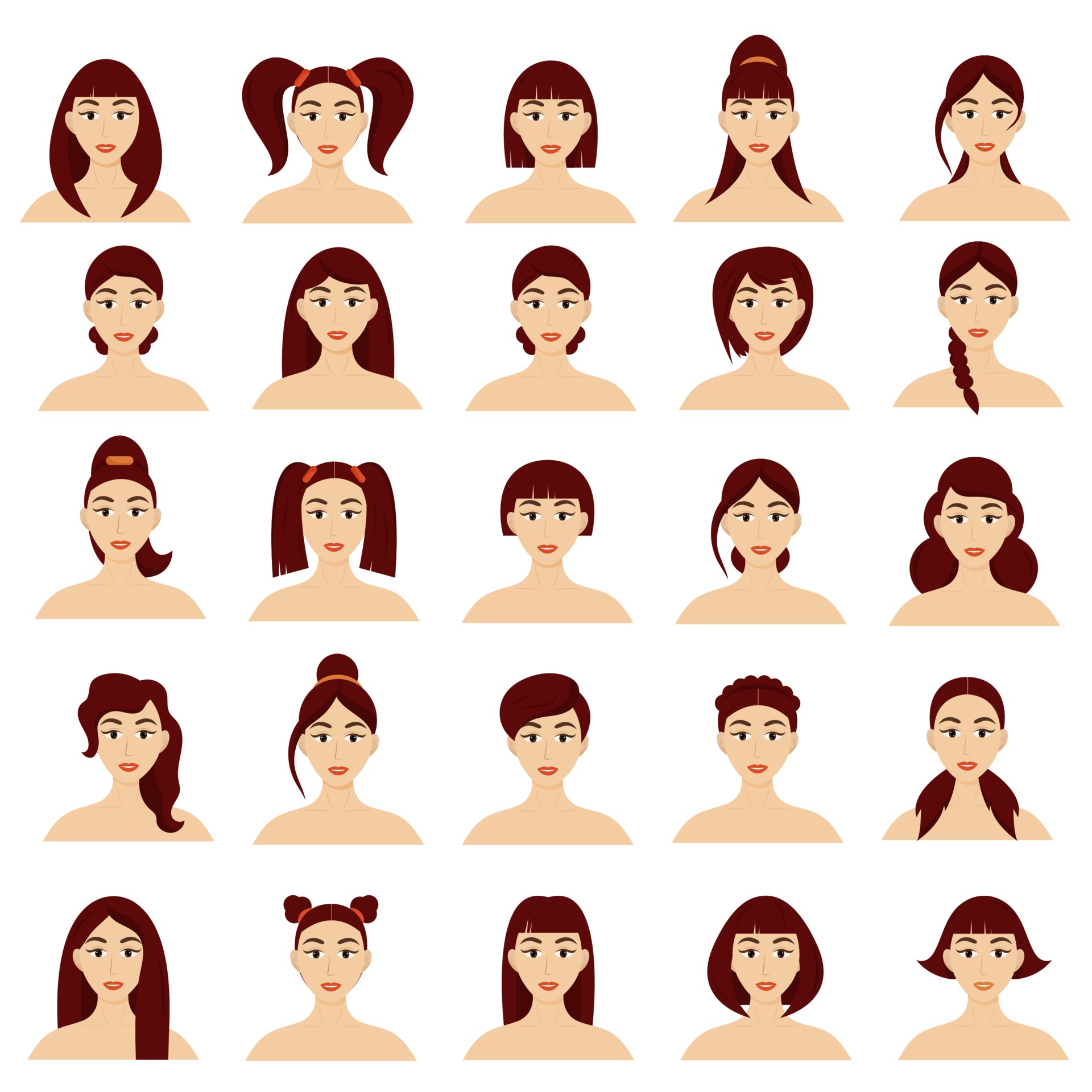 Set of women's hairstyles. Beautiful young girls with