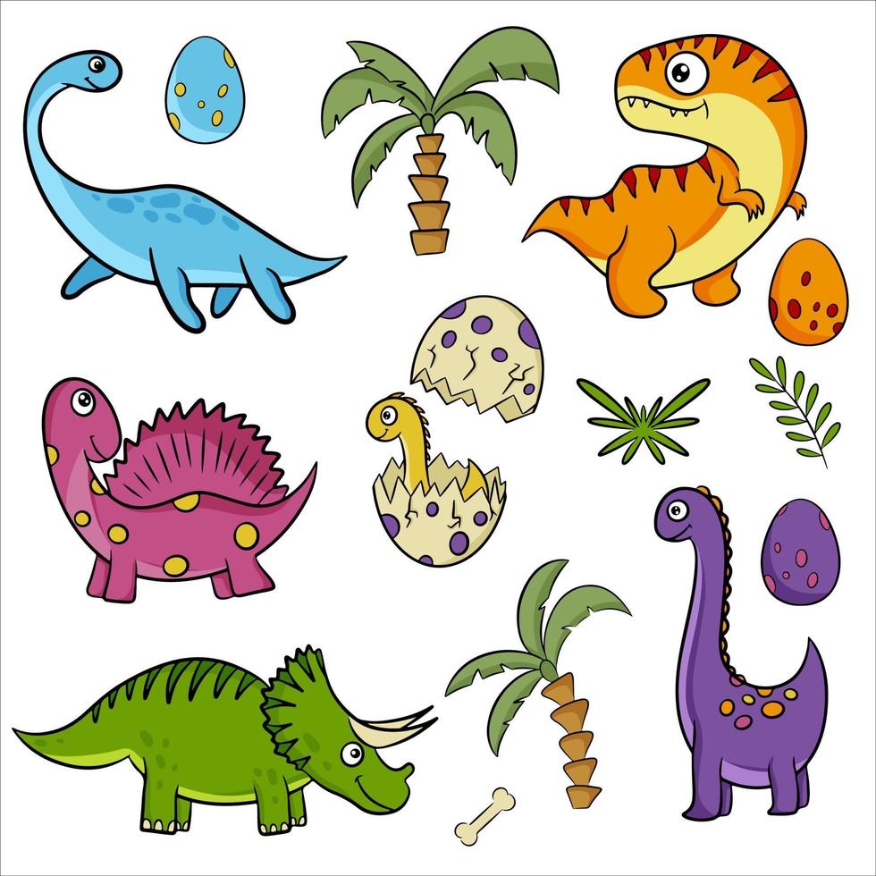 Cute dinosaurs hand drawn vector illustrations in cartoon style.