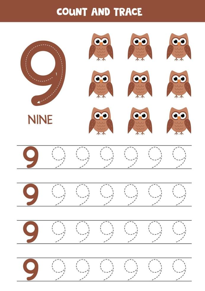 Worksheet for learning numbers with cute owls. Number nine. vector