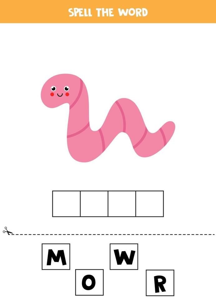 Spelling game for kids. Cartoon pink worm. vector