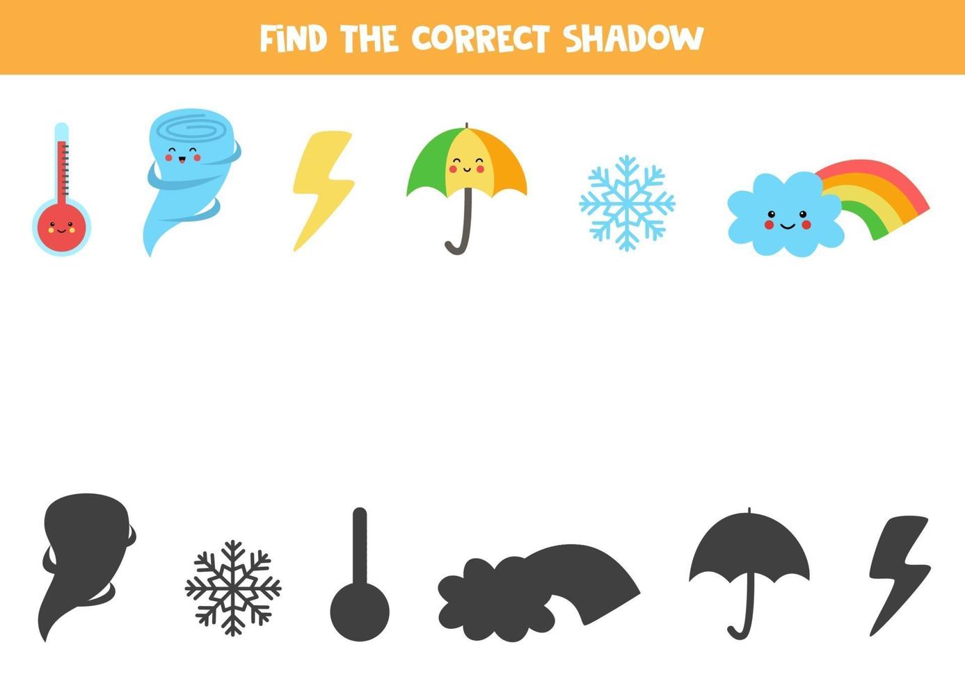 Find correct shadow of weather events. Game for children. vector