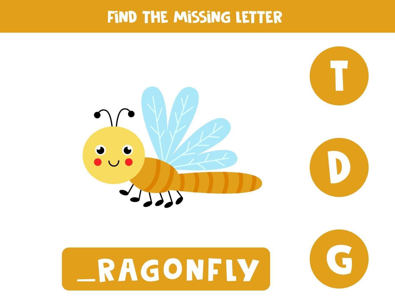 Find missing letter with cute dragonfly. Spelling worksheet. vector