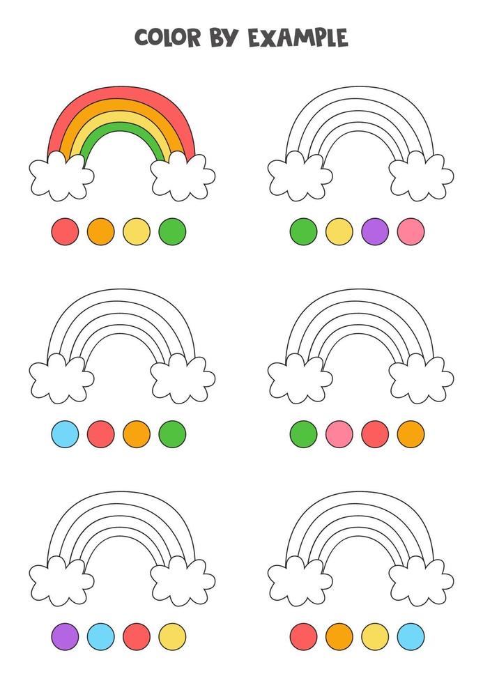 Color cute rainbows by examples. Worksheet for kids. vector