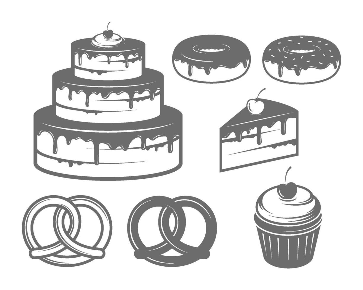 Bakery set with Cake, Desserts, Doughnut, Bagel, Cupcake Vector Illustrations