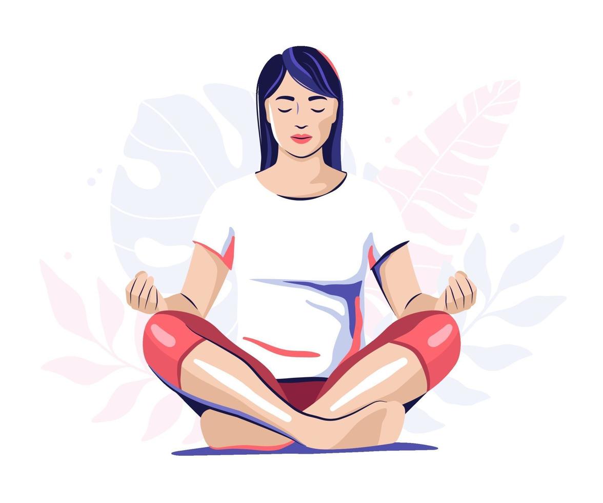 mujer meditando, yoga, ilustración vector