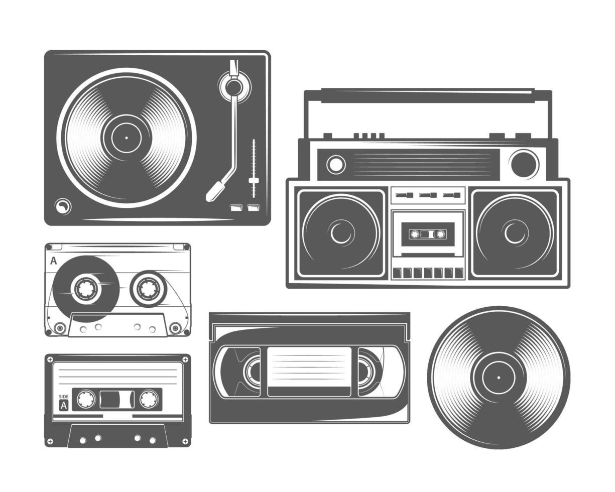 conjunto de casetes vintage, vinilos, grabadoras, reproductores vector