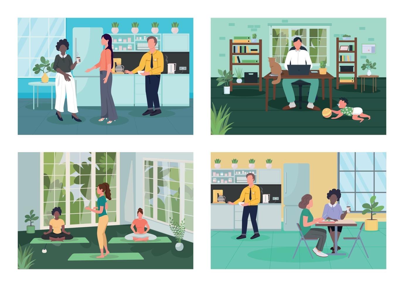 Corporate wellness flat color vector illustration set