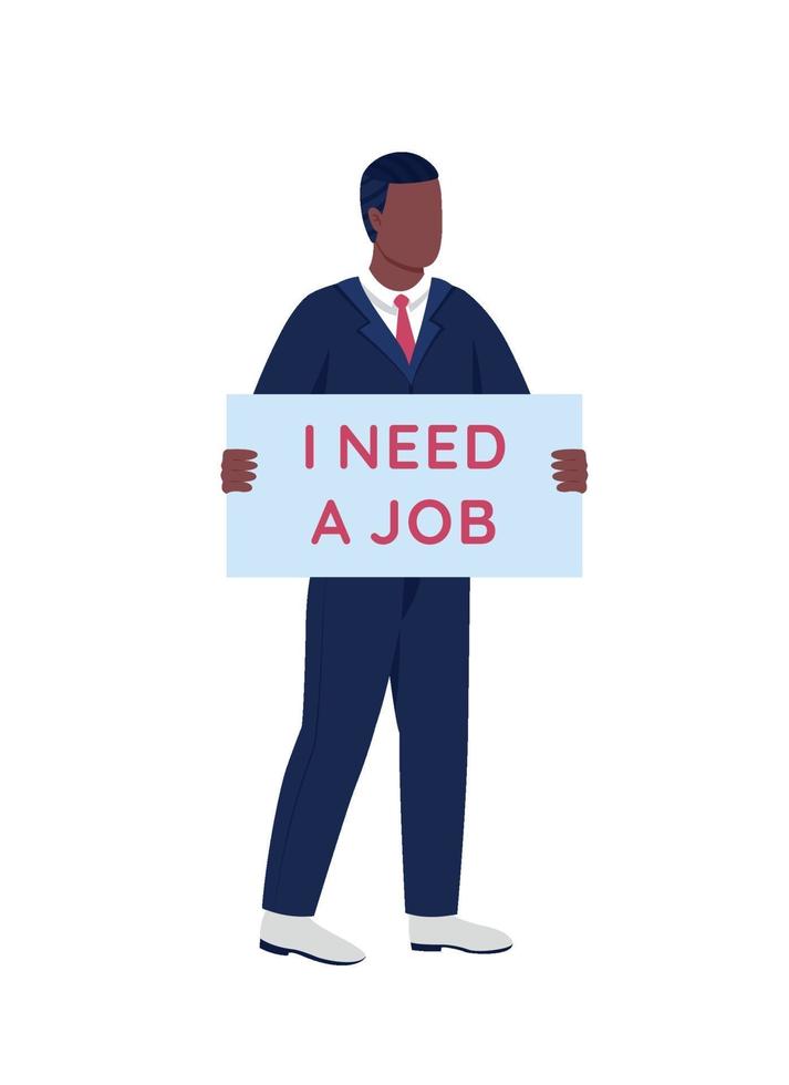 Jobless african american man with cardboard sign flat color vector faceless character