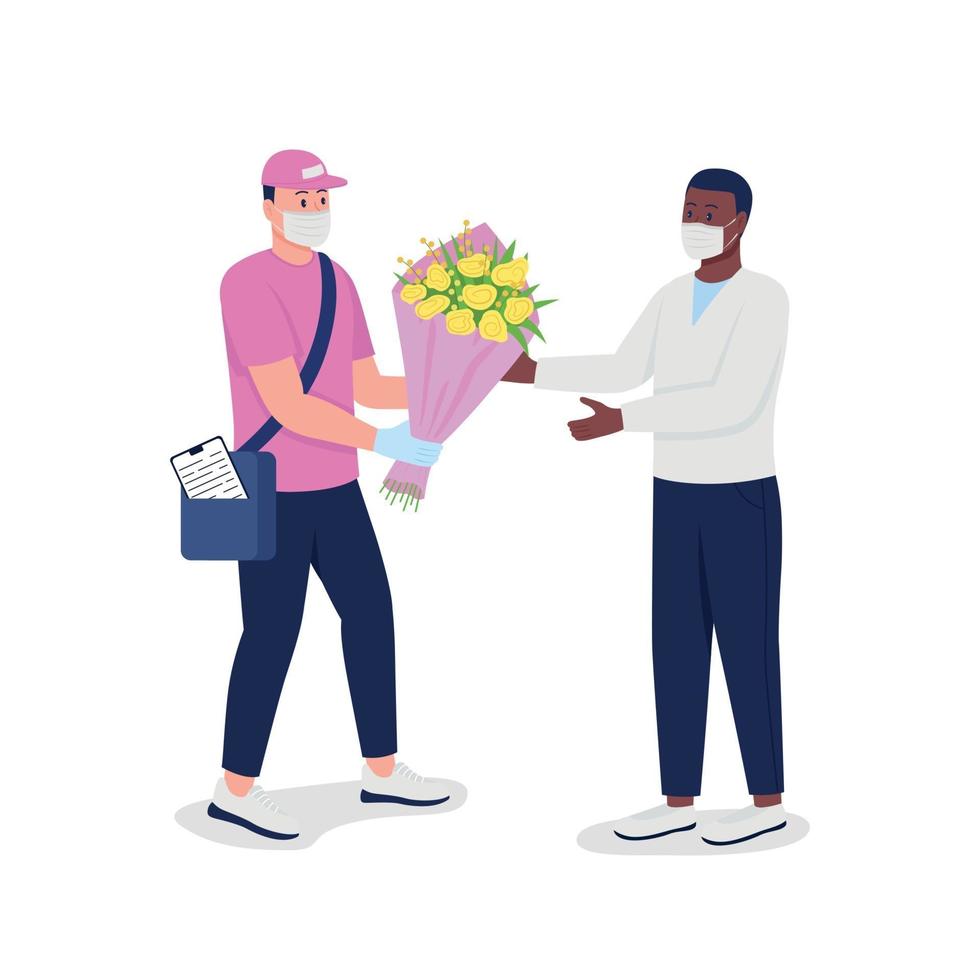 Delivery man in mask and gloves with customer flat color vector detailed characters