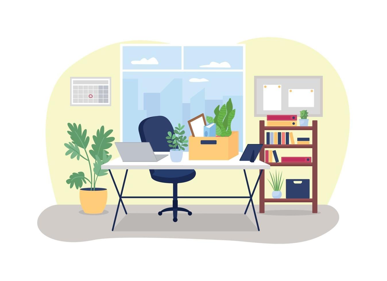Workplace desk with box of stationery 2D vector web banner, poster