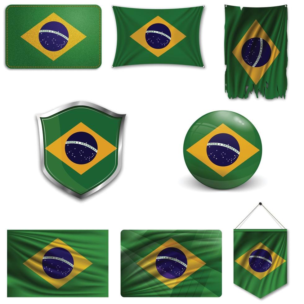 Set of the national flag of Brazil in different designs on a white background. Realistic vector illustration.