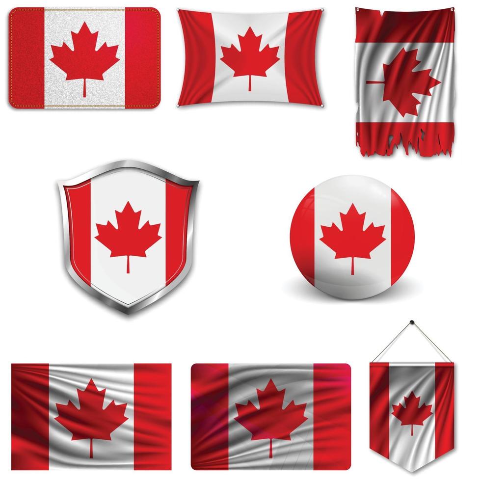 Set of the national flag of Canada in different designs on a white background. Realistic vector illustration.