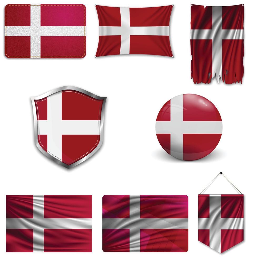 Set of the national flag of Denmark in different designs on a white background. Realistic vector illustration.