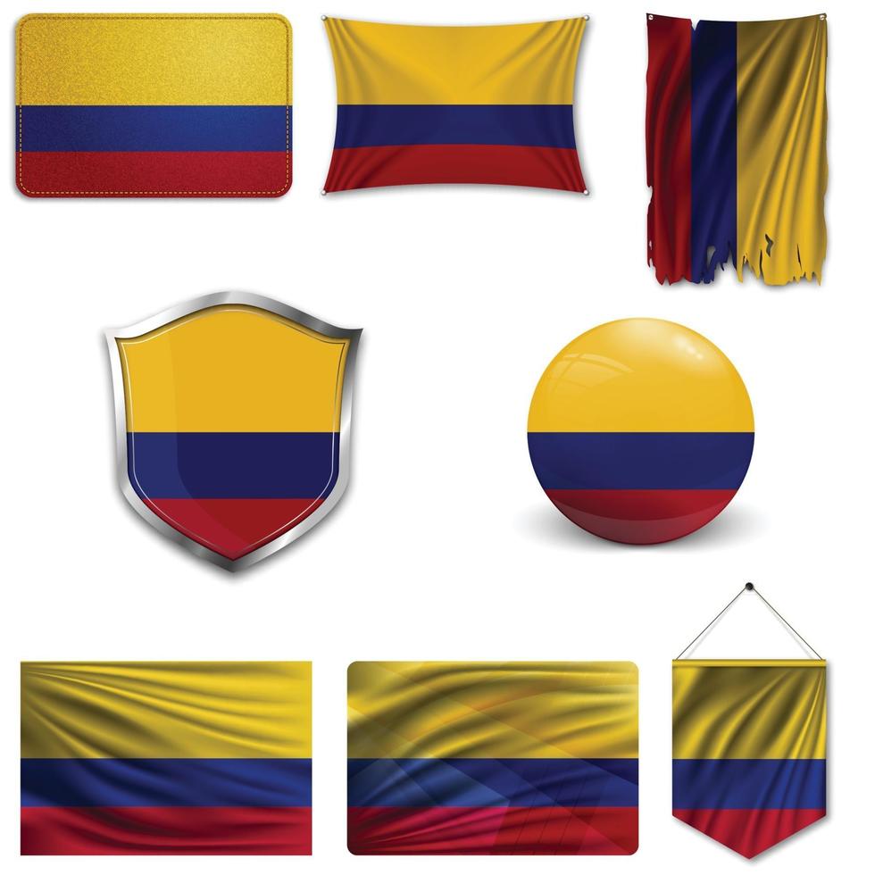 Set of the national flag of Colombia in different designs on a white background. Realistic vector illustration.
