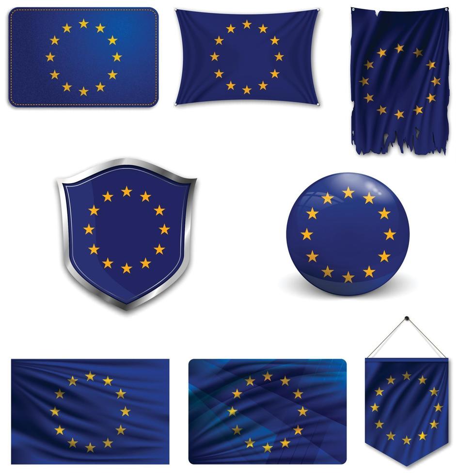 Set of the European Union flag in different designs on white background. Realistic vector illustration.