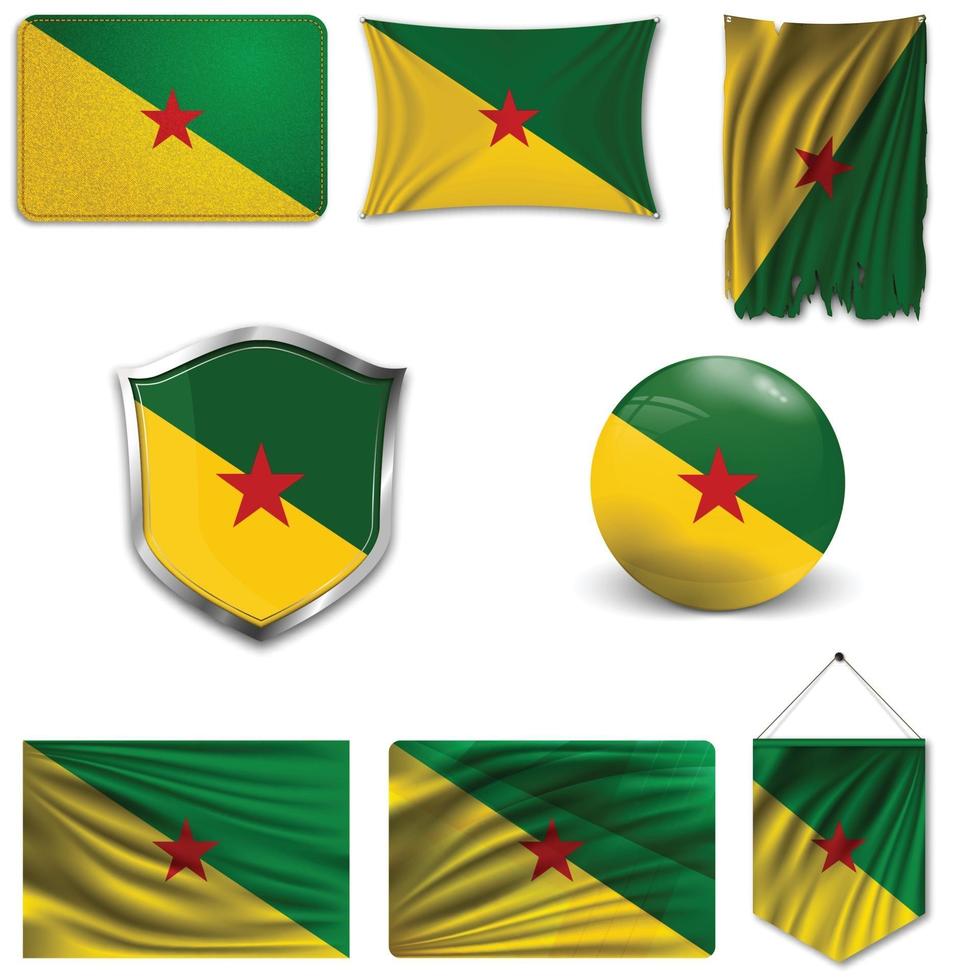 Set of the national flag of French Guiana in different designs on a white background. Realistic vector illustration.