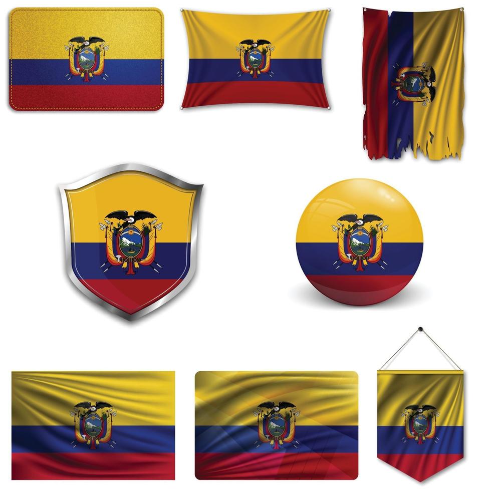 Set of the national flag of Ecuador in different designs on a white background. Realistic vector illustration.