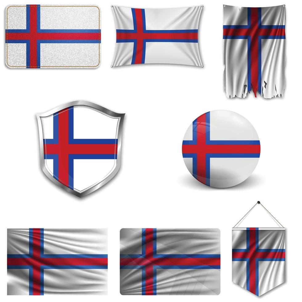 Set of the national flag of Faroe islands in different designs on a white background. Realistic vector illustration.