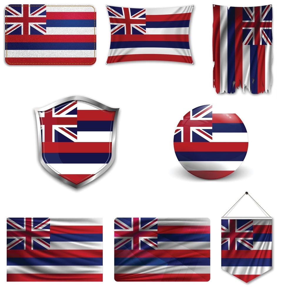 Set of the national flag of Hawaiian islands in different designs on a white background. Realistic vector illustration.