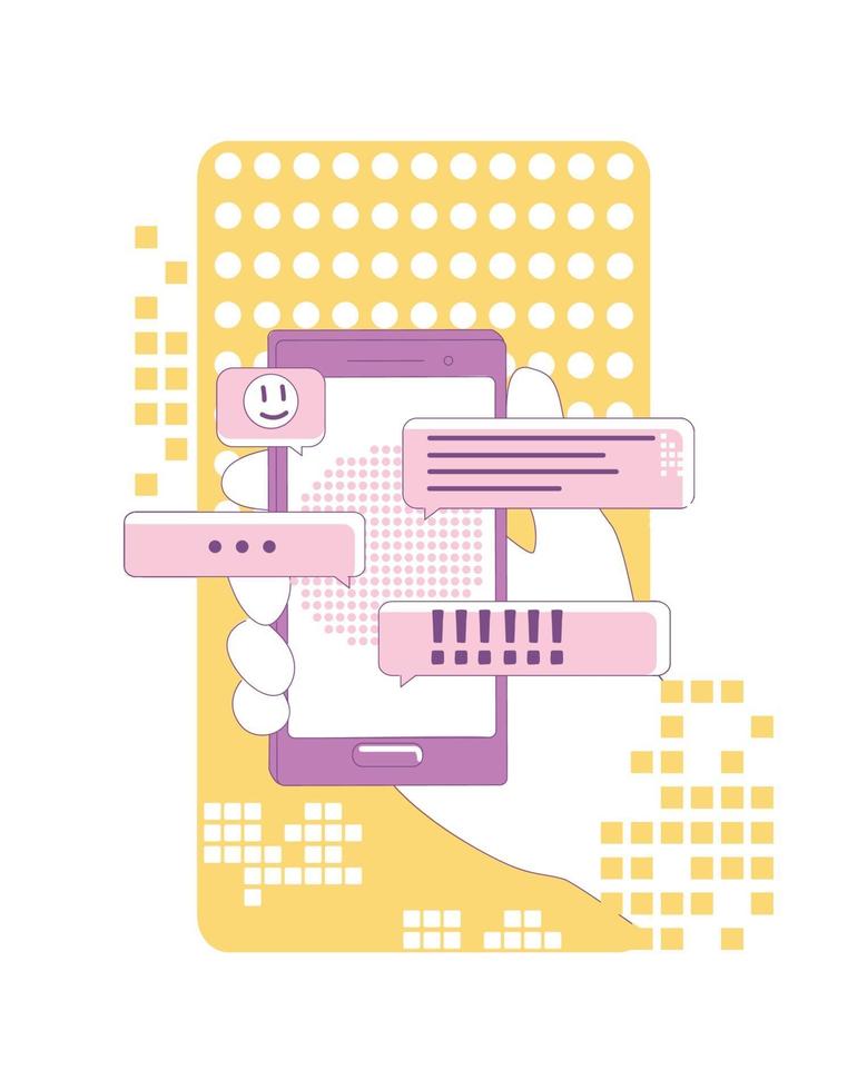 Instant messaging marketing thin line concept vector illustration. User holding smartphone 2D cartoon character for web design. Social media communication, online chat advertising creative idea