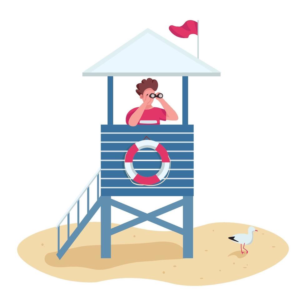 salvador con binoculares en la torre de salvavidas color plano vector personaje sin rostro. seguridad en la playa, soporte de salvavidas aislado ilustración de dibujos animados para diseño gráfico web y animación