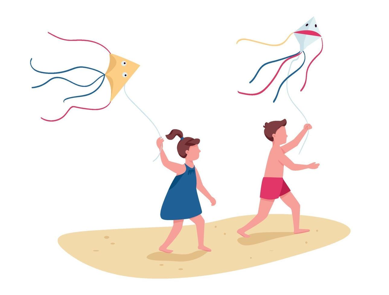 niños corriendo con cometas voladoras personajes sin rostro vectoriales de color plano. actividad de playa para niños. Ilustración de dibujos animados aislados de entretenimiento de verano de niño y niña para diseño gráfico y animación web vector