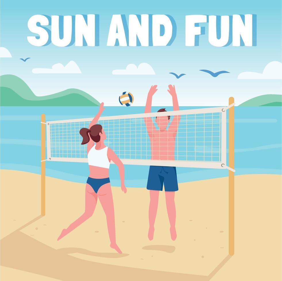 amigos jugando voleibol de playa maqueta de publicación en redes sociales. sol y frase divertida. plantilla de diseño de banner web. booster, diseño de contenido con inscripción. cartel, anuncios impresos e ilustración plana. vector