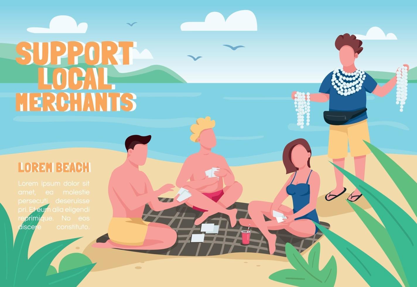 Support local merchants banner flat vector template. Brochure, poster concept design with cartoon characters. Tourists buying seashell souvenirs at beach horizontal flyer, leaflet with place for text